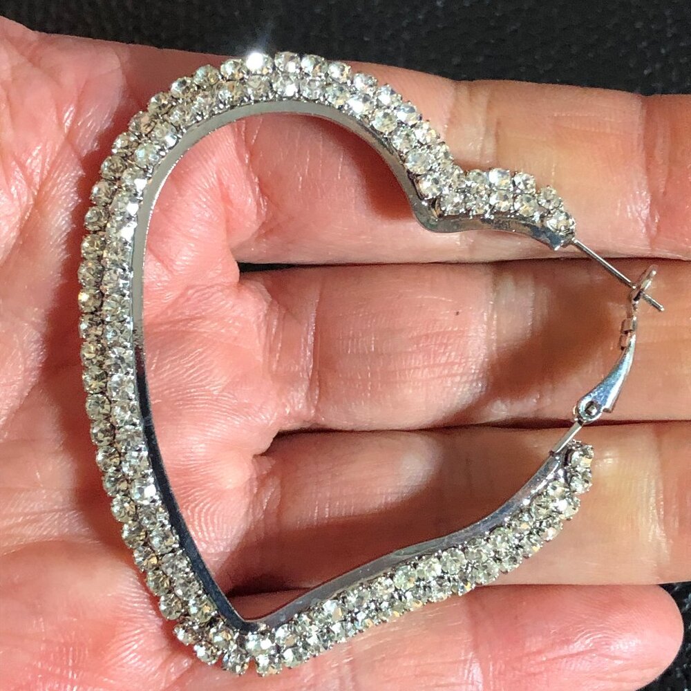 Silver Crystal Rhinestone Heart Hoop Earrings Big Huge 2.25" 2 Row VTG 90s NEW - Picture 5 of 10